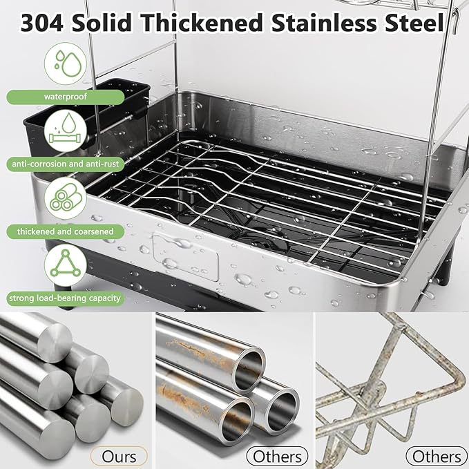 Gugxiom 2 Tier Dish Drying Rack, 304 Stainless Steel Dish Drainer for Kitchen Counter, Extra Large Dish Rack with 360° Rotatable Drain Spout & Cup Holder