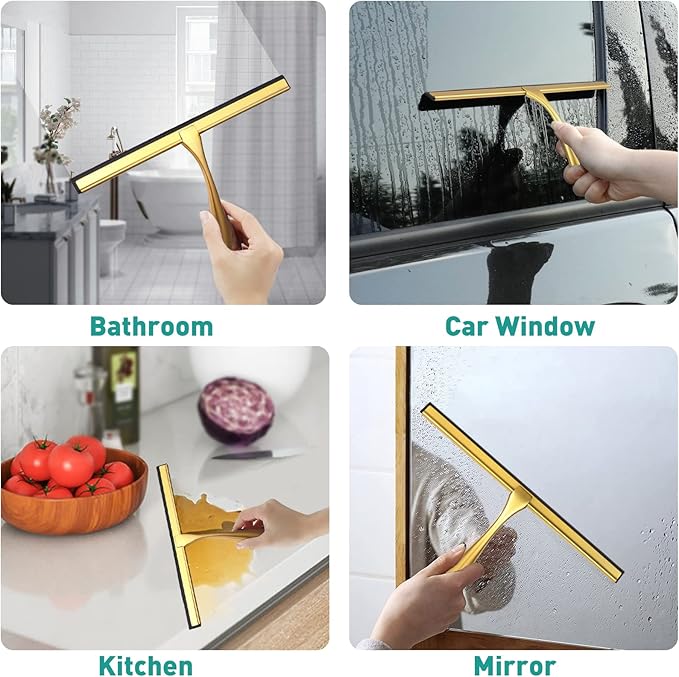 steauty Shower Squeegee for Glass Doors,12-Inch Shower Glass Squeegee, Gold Shower Squeegee for Shower Doors,Mirror,Windows, with Shower Door Hook and Adhesive Hook