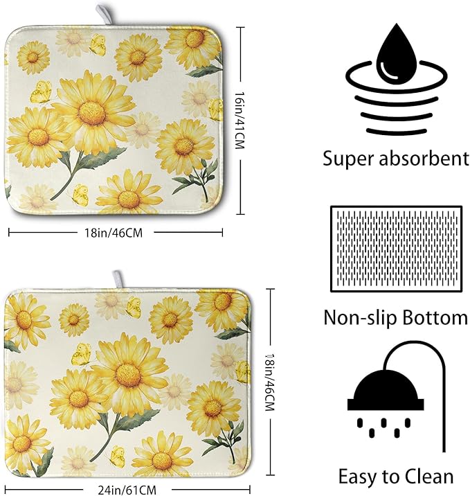 Yellow Sunflower Dish Drying Mat for Kitchen Counter Summer Daisy Floral Dishes Pad Farmhouse Flower Dish Draining Microfiber Absorbent Dish Drainer Rack Mat Large 16x18 Inch