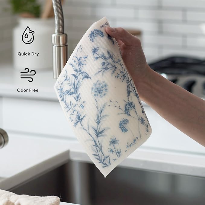 RECYCO Swedish Dishcloths for Kitchen | 6 Pack Foggy Blue Washable Dish Rags | Cellulose Reusable Cleaning Paper Towels | Absorbent Counter Dish Cloth Sponge Kitchen Wipes, 8" L x 7" W