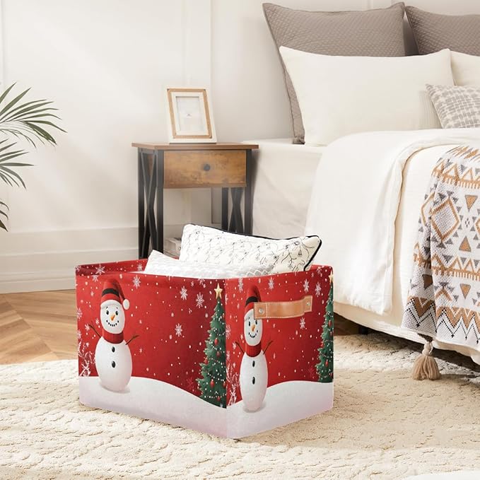 Storage Baskets Bin, Christmas Winter Snowman Collapsible Canvas Fabric Storage Bin Decorative Baskets Toy Organizer Rectangle Storage Boxes with Handles for Home Shelves Nursery, J-012