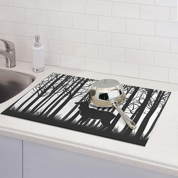 Deer Dish Drying Mat for Kitchen Counter Microfiber Super Absorbent Non-Slip Dish Drying Pad for Countertops Dishes Utensils Stylish Quick-Dry Machine Washable 18x24 Inch
