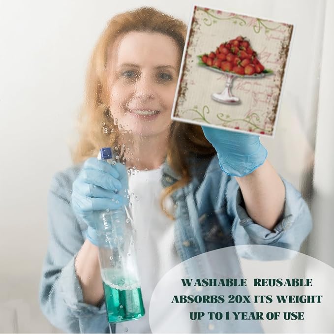 LARTSFRO Swedish Dishcloths for Kitchen, Papaya Reusable Paper Towels Washable, Vintage Strawberries Swedish DishCloths for Friut, 4 Pack Dish Towels for Kitchen