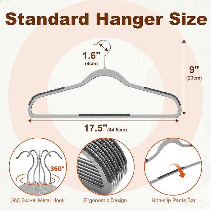 HOUSE DAY Heavy Duty Plastic Hangers 50 Pack, Non Slip Clothes Hangers with Rubber Grip and 360° Hook - Thin Plastic Hanger Space Saving - Coat Hanger Grey, Closet Organizer for Shirt, Pants, Suit