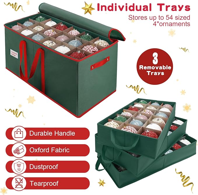 Christmas Ornament Storage Box, Stores Up to 54-4" Ornaments, 3 Individual Trays, Adjustable Dividers, 600D Oxford Fabric, Large Organizer Bin to Protect and Store Holiday Décor