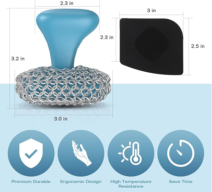 Purgreat Cast Iron Scrubber | Dish Scrub Brush | 316 Cast Iron Cleaner Chainmail Scrubber for Pan Skillet Cleaner - Dish Scouring Pad Dishwasher Safe Cleaning Kit, Blue