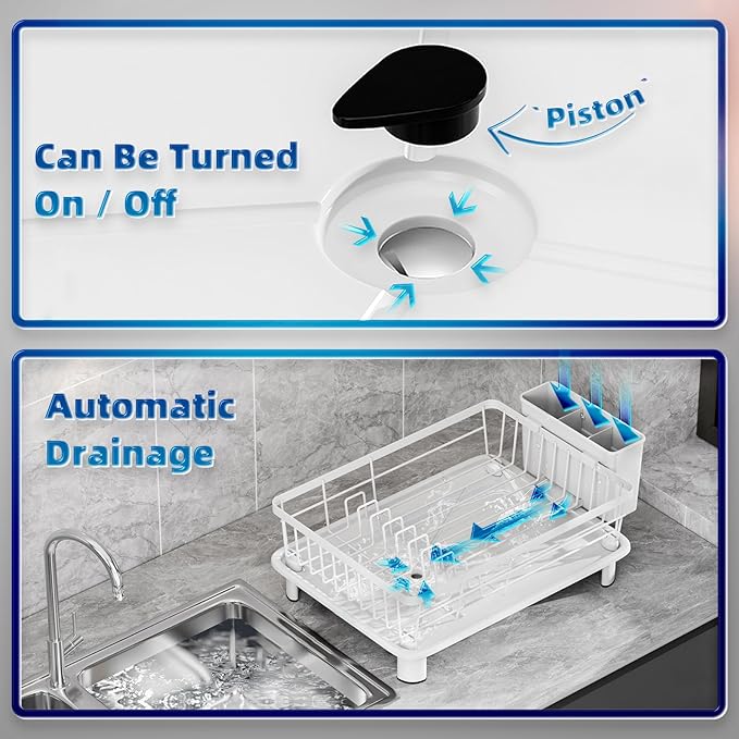 GAOKASE Dish Drying Rack, Space-Saving Dish Rack, Dish Racks for Kitchen Counter, Drying Rack Kitchen with Removable Utensil Holder, and Automatic Drainage Drainboard, 11''W x 15''L, White