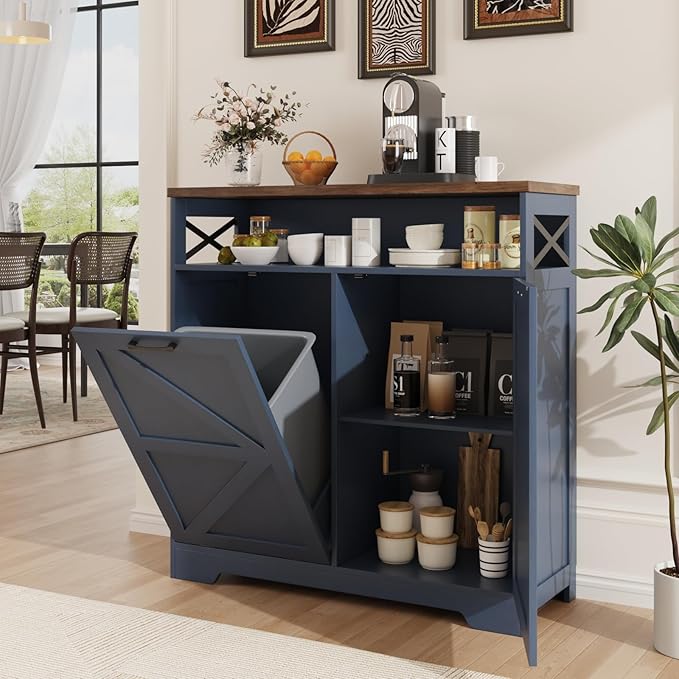 Tilt Out Trash Can Cabinet for 13 * 1 Gallon Trash Can, Farmhouse Kitchen Island Cabinet with Adjustable Shelf for Hidden Laundry Basket, Dog Proof Garbage Can for Dining Living Room, Blue