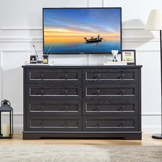 LIDYUK 8-Drawer Black Dresser for Bedroom Farmhouse Dresser Chest of Drawers, 55" Wide Clothes Organizer Wood Chest of Drawers for Bedroom, Living Room