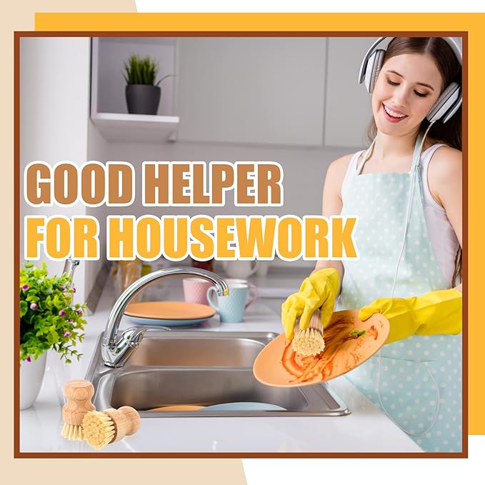Nuenen 30 Packs Bamboo Dish Scrub Brushes Wooden Scrubbers Set Kitchen Dishwashing Scrubber with Natural Sisal Bristles for Iron Pot Pan Sink