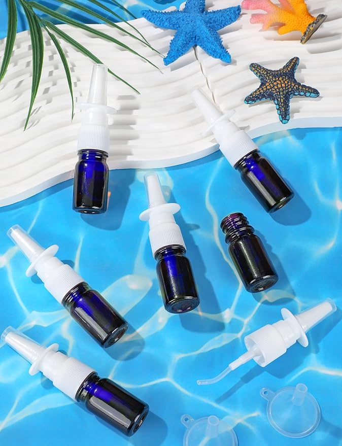 ZHWKMYP 10 Pcs Nasal Spray Bottle, 5ML/0.17OZ 6 Pcs Blue Fine Mist Glass Empty Refillable Nasal Spray Bottle with 2 Funnels and 2 Labels