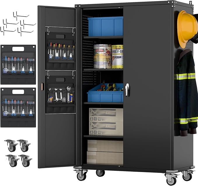 Aobabo Extra Large Cabinet with Wheels, Metal Storage Cabinet with Pegboards, 2 Handles Locking Doors and Adjustable Shelves, for Garage Office, Black, 43.3''W x 21.6''D x 72''H, Assembly Required