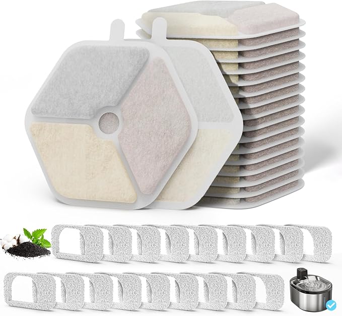 Cat Water Fountain Filter Pet Drinking Fountain Filter & Sponges for 152oz/4.5L Wireless Cat Water Fountain,Triple Filtration System for PTM-643 models, 18 Pack (18 Filters and Sponges)