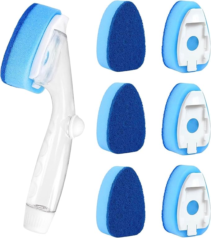 Clioran Dishwand Refills Soap Control Handle,6 Heavy Duty Dish Wand Sponge Heads,Non Scratch Scrubbers Replacement Refill Brush Dispenser,Dishwashing Scrub for Sink Non-Stick Kits Dishwasher Cleaning