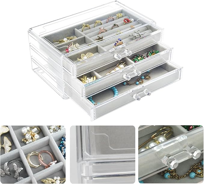 Weiai Acrylic Jewelry Box 3 Drawers, Velvet Jewellery Organizer, Earring Rings Necklaces Bracelets Display Case Gift for Women, Girls