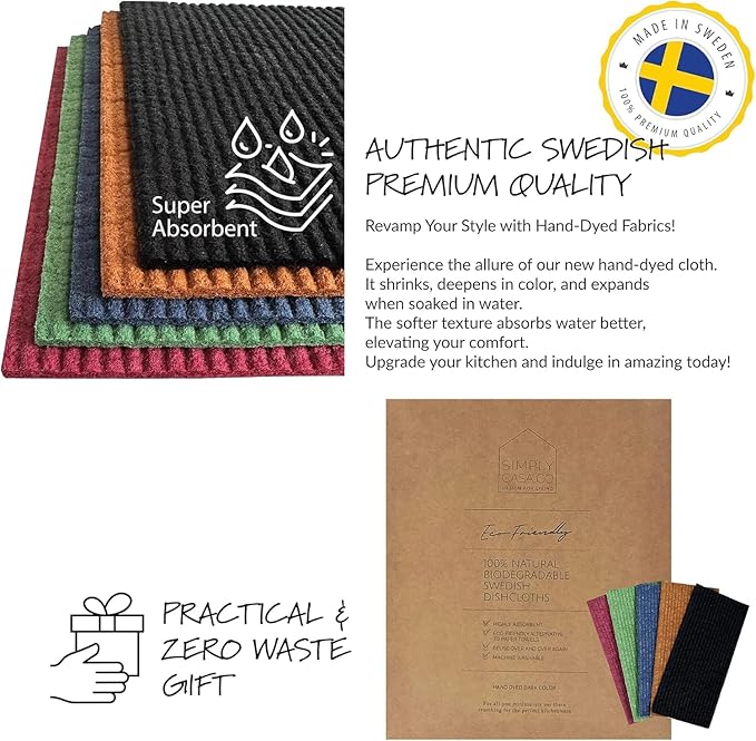 SIMPLYCASA Hand‑Dyed 5‑Pack Swedish Dishcloths – Reusable, Biodegradable Cloths, Super‑Absorbent Dual‑Texture, Plastic‑Free Packaging, Made in Sweden