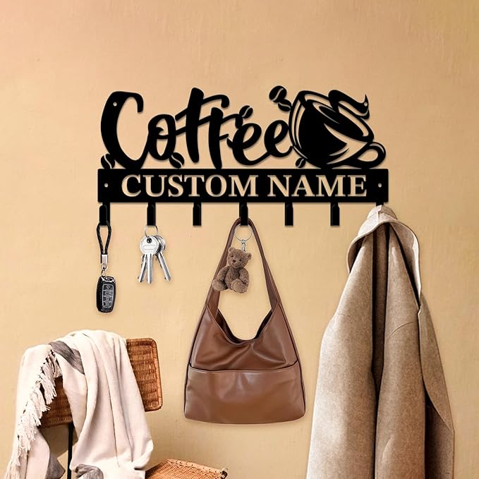 Personalized Custom Name Coffee Bar Wall Keys Hooks,Metal Coffee Shop Art Clothes Hooks,Metal Coffee Lover Wall Home Storage Decorative,For Front Door, Hallway, Kitchen, Bedroom,Keys,Hats (Style D)