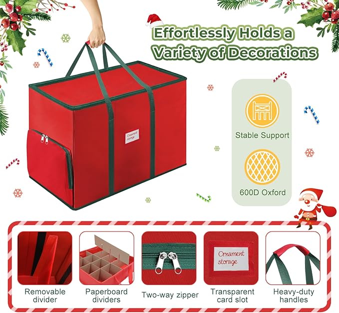 Premium 2-in-1 Large Christmas Ornament Storage Box & Xmas Figurine Container, Nutcracker Storage with Adjustable Dividers,5 Separate Trays Keep 73 Holiday Ornaments, 600D Tear-Proof Oxford, Foldable