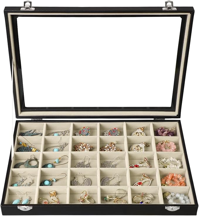 Stratalife Earring Organizer Jewelry Holder Organizer Drawer Earring Storage Jewelry Tray with Clear Lid Ring Box for Women Girls Anti Tarnish 30 Grid (Beige Black)