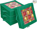 ProPik 4 Pcs Christmas Ornament Storage Boxes with Dividers | 4 Individual Trays Hold 64 Holiday Decoration Balls | Durable Ornaments Organizer Storage Box | Zippered Closure with Handles (Green)