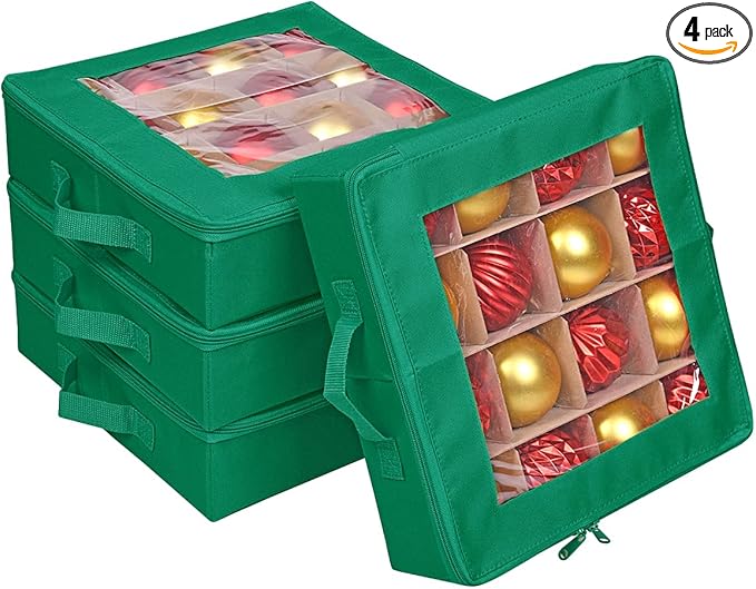 ProPik 4 Pcs Christmas Ornament Storage Boxes with Dividers | 4 Individual Trays Hold 64 Holiday Decoration Balls | Durable Ornaments Organizer Storage Box | Zippered Closure with Handles (Green)