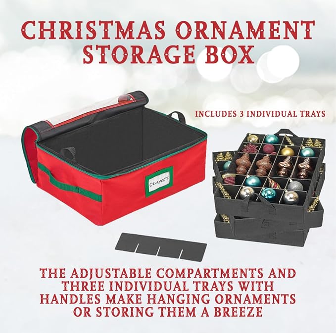HOLDN’ STORAGE Christmas Ornament Storage Box with Dividers - Fits 72-3” Ornaments, 3 Removable Trays, Durable & Space-Saving, Clear Top Lid, Convenient Storage Designed, Red