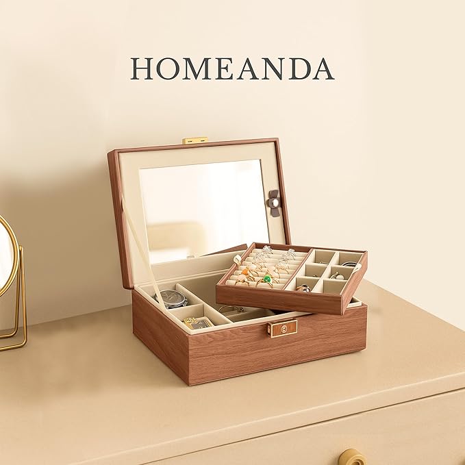 Homeanda Jewelry Box with Mirror Travel Jewelry Organizer 2 Layer Large Jewelry Storage Case Waterproof PU Leather Storage for Women Girls (Brown)