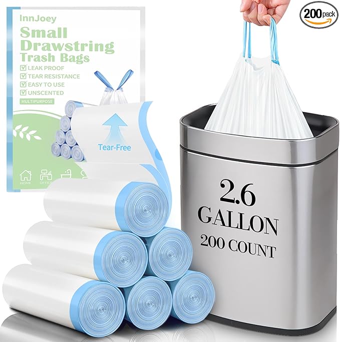 200 Count Small Trash Bags for 2.6-Gallon (10 L) Trash Cans,Thick Pre-separated Garbage Bags,Mini Wastebasket can Liners for Bathroom Bedroom Office(White)