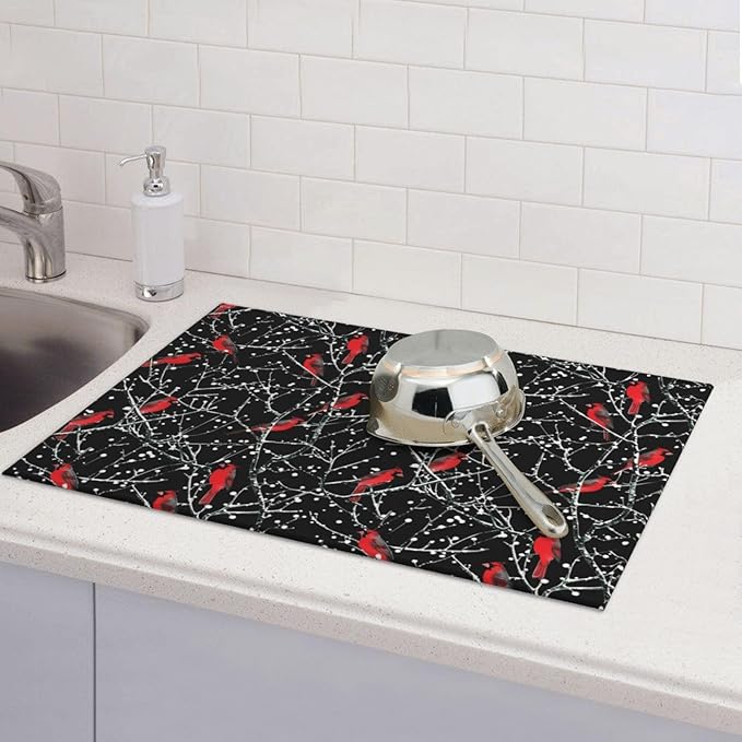 Red Bird Winter Red Cardinals Dish Drying Mat 18x24 For Kitchen Counter Absorbent Microfiber Dishes Pad Dish Drainer Rack Mats Fast Dry Kitchen Accessories