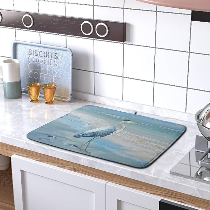 Kwlegh Summer Blue Dish Drying Mat for Kitchen Counter 16x18 Inch Heron Coastal Beach Drying Mats Nautical Ocean Bird Dishes Drainer Mats Microfiber Absorbent Dish Rack Pad