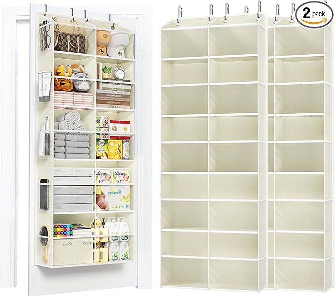 PureSpace 2 Pack 5-Tier Over The Door Organizer with 10 Side Mesh Pockets & Clear Windows, 80 lb Weight Capacity Hanging Storage for Bathroom, Bedroom, Nursery, Kitchen, Organizer Toys (Clear Grey)