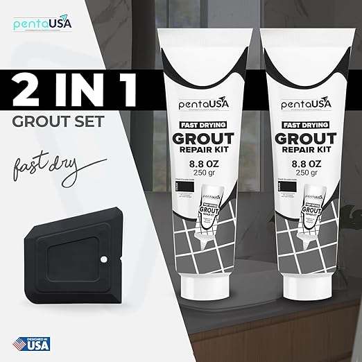 PentaUSA Grout - Premixed Grout Repair Set, 8.8 oz, 2 Pack Tile Grout Tubes, Repairs and Renews Tile Grout in Bathroom and Kitchen, Odorless and Safe Formula - 2 Pack (Black)