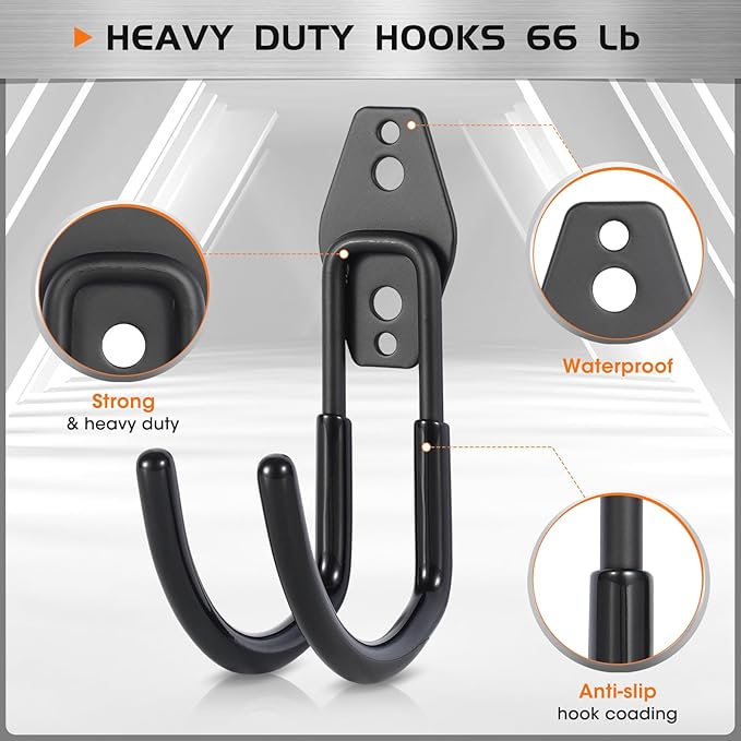 Garage Hanging Hooks Wall Mount, Garage Tool Storage Hooks, Wall Hangers for Hose, Tools, Garden Equipment, Ladder, Bikes, Broom and mop, Black