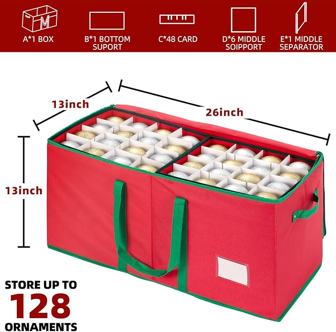 inin Christmas Ornament Storage Box with Adjustable Dividers,Christmas Ornaments Organizer with Zippered Top,Storage Container Bin with Side Pockets for Holiday Decorations(128 Ball, Red, with Tray)