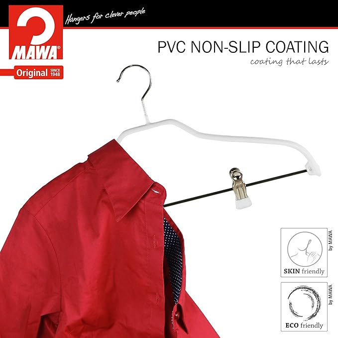 Mawa by Reston Lloyd Silhouette Series Non Slip Space Saving Hanger with Pant Clips, Style 40/FK,Set of 5, White