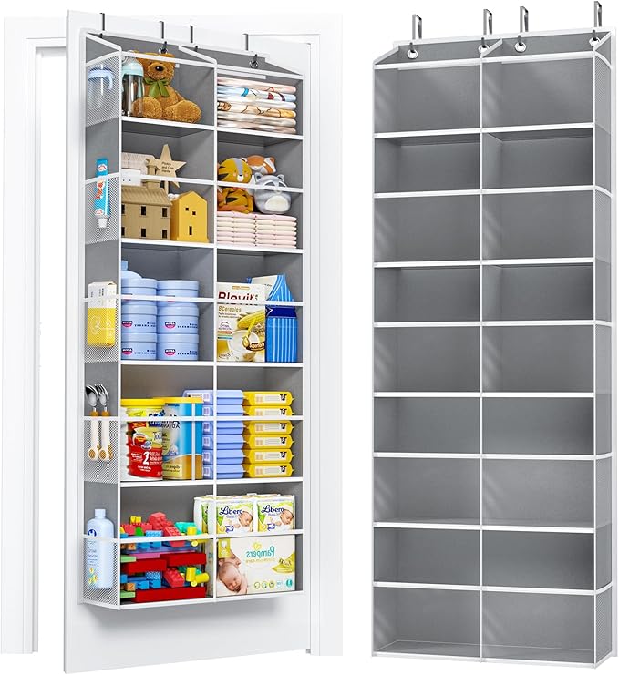 PureSpace 5-Tier Over The Door Organizer with 10 Side Mesh Pockets & Clear Windows, 80 lb Weight Capacity Hanging Storage for Bathroom, Bedroom, Nursery, Kitchen, Organizer Toys(Clear Grey)