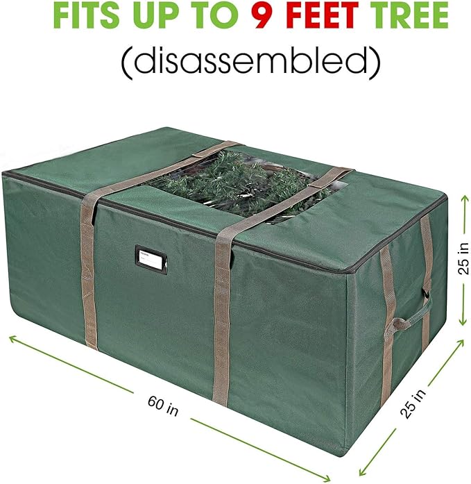 ProPik Rolling Christmas Tree Storage Bag, Fits Up to 9 Foot Tall Disassembled Trees, 25" X 25" X 60", Extra Large Heavy Duty Xmas Container with Wheels, Handles and Straps (Green)