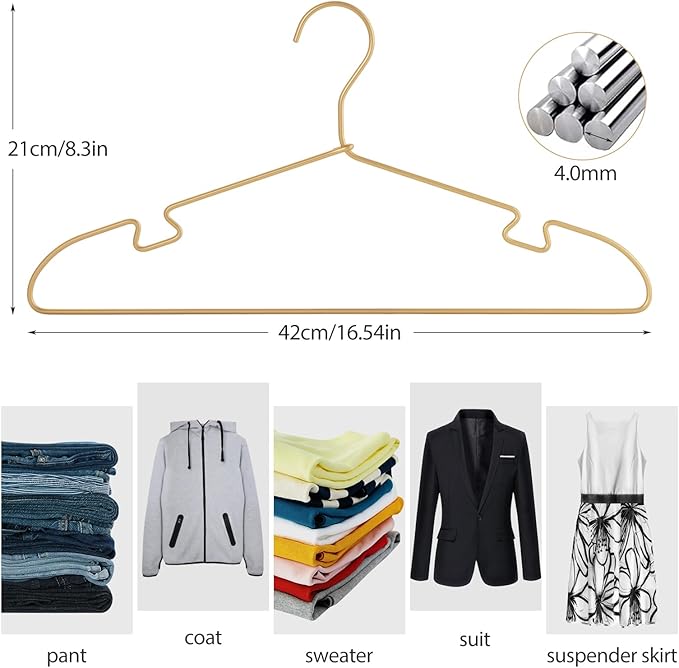 Gold Aluminum Clothes Hangers, 30 Pack 16.5 Inch Metal Shirt Hangers, Lightweight and Sturdy Heavy Duty Hangers for Suit Jackets and Dress Wedding Dresses Etc