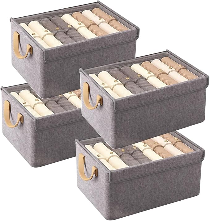 4PCS Foldable Storage Box with Lid - Extra Large Fabric Closet Organizer for Clothes, 18.5x11x7.9 Inch Canvas Bin, Collapsible Design for Bedroom, Shelf, Closet, Underbed (Grey)