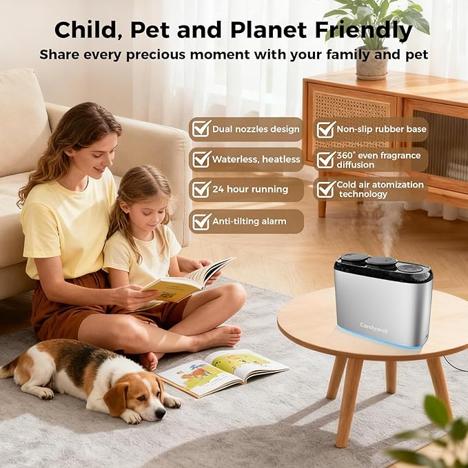 Dual-Scent Waterless Essential Oil Diffuser, Cold Air Diffuser for Home & Commercial Use, 1000 Sq Ft Coverage, APP Control, Quiet Operation, Night Light, Pet & Kid Friendly, Anti-Tilt Alarm