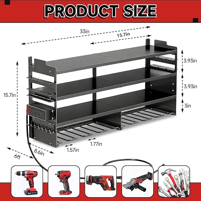 33" W Power Tool Organizer with Charging Station, 4 Layers Heavy Duty Metal Tool Storage Rack Wall Mount 8 Cordless Drill Holder with 4 Power Strip, Battery Organizer for Garage, Workbench,Tool Room