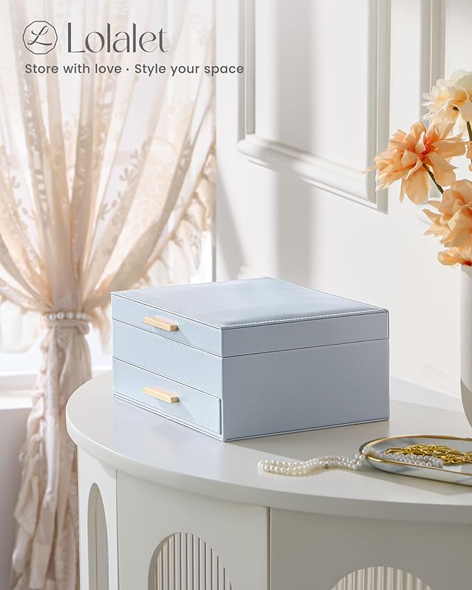 Lolalet 2-Layer Jewelry Boxes Organizer for Women Girls, Jewelry Storage Case Holder with Drawers for Necklaces Rings Earrings Bracelets Watches, Gifts Choice for Girlfriend Wife -Blue