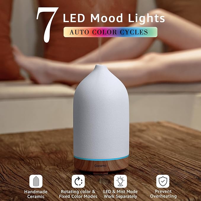 200ML Ceramic Essential Oil Diffuser (Set of 2) - Ultrasonic Aromatherapy & Humidifier with 7-Color LED Lights, Auto Shut-Off, Wood Grain Base, 1H/3H/6H Timer | Scent for Home, Office, Yoga