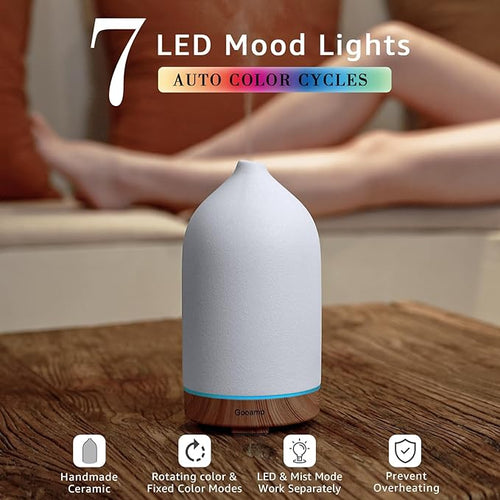 200ML Ceramic Essential Oil Diffuser (Set of 2) - Ultrasonic Aromatherapy & Humidifier with 7-Color LED Lights, Auto Shut-Off, Wood Grain Base, 1H/3H/6H Timer | Scent for Home, Office, Yoga