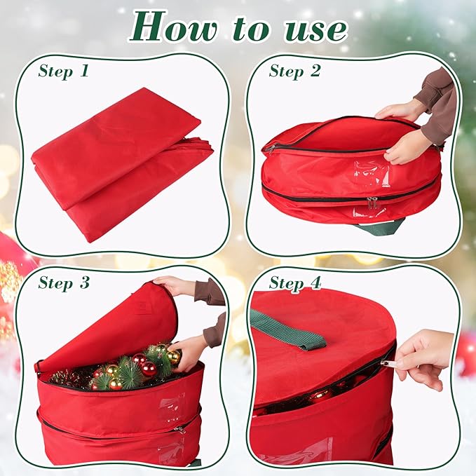 Wreath Storage Container, Christmas Wreath Storage Bags for 2 Wreath with Dual Zipper and Handles, Dust, Pest Protection,Holiday Wreaths Storage Holder 24” (RED)