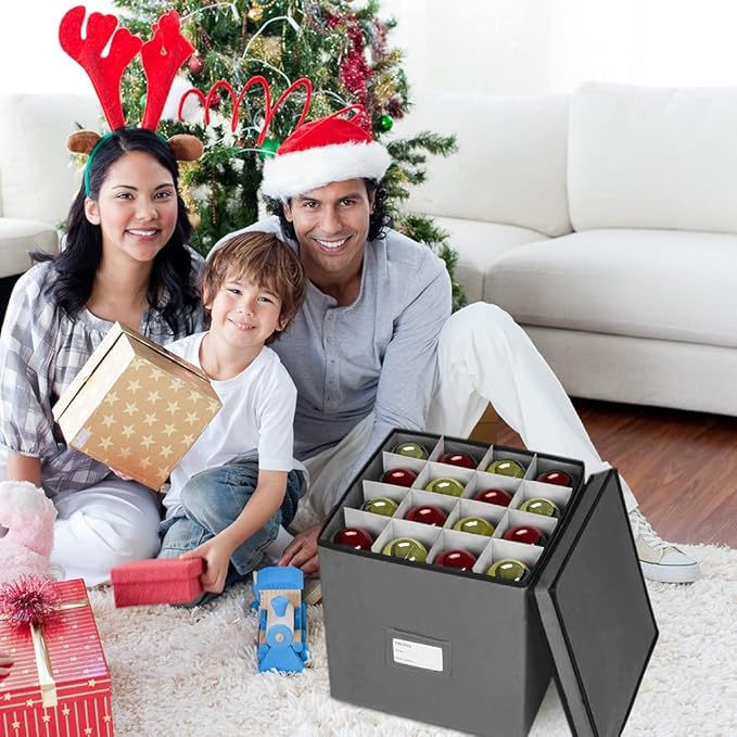 ProPik Christmas Ornament Storage Box, 4 Tier Holds Up to 64 Holiday Ornaments Decoration Balls, Storage Container with Dividers, Made with Durable 600D Oxford Polyester Material (Gray)