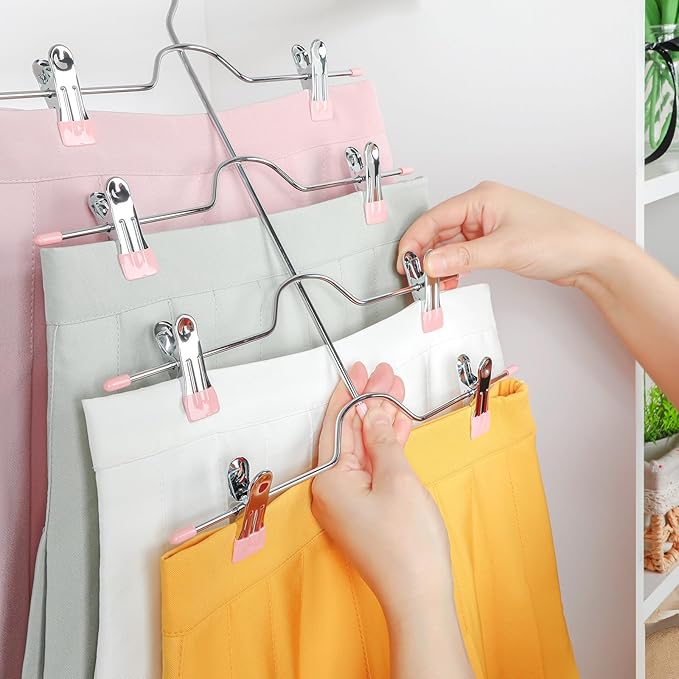 TOPIA HANGER 4 Tier Metal Skirt Hangers for Women, Pants Hanger Space Saving with Adjustable Clips, Gain 70% More Space, Non Slip Grip for Slacks, Trousers, Shorts, Jeans, Towels, Pink, 4-Pack, CT61P