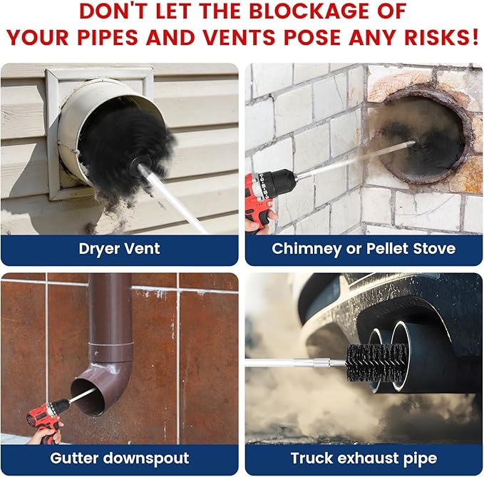 HOKLNUSE Dryer Vent Cleaner Kit Ducts Cleaning Kit for Dryer Air Duct HVAC Vent Fireplace Chimney Pellet Stove Gutter Downspout Dryer Vent Lint Removers with 1.5" 4" 6" Brush Heads (25 Feet)