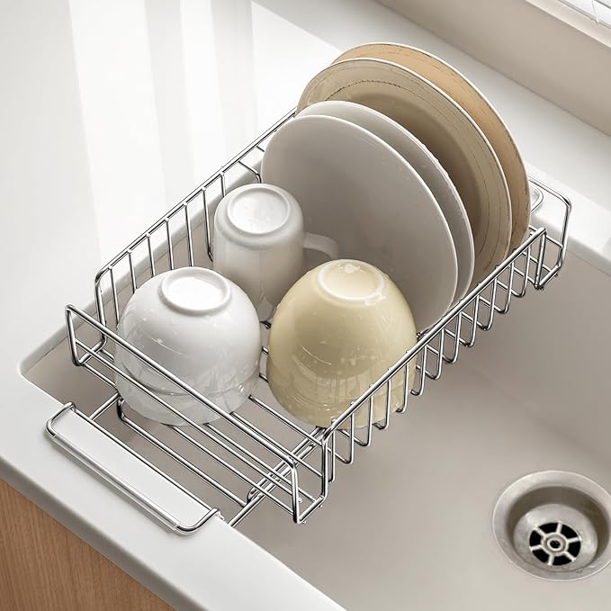 LANZYLO Expandable Stainless Steel Dish Drainers for Kitchen Counter, Dish Dryer Rack for Inside Sink, Over The Sink Dish Racks 1PCS, Silver (Large)