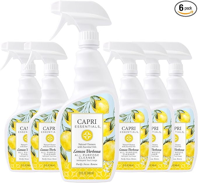 CAPRI ESSENTIALS All Purpose Cleaner, Natural Household Cleaning Supplies, Plant Based Kitchen Counter Surface Spray, Removes Dirt & Grime, Blend of Essential Oils, Lemon Verbena, 23 FL Oz (6 Pack)
